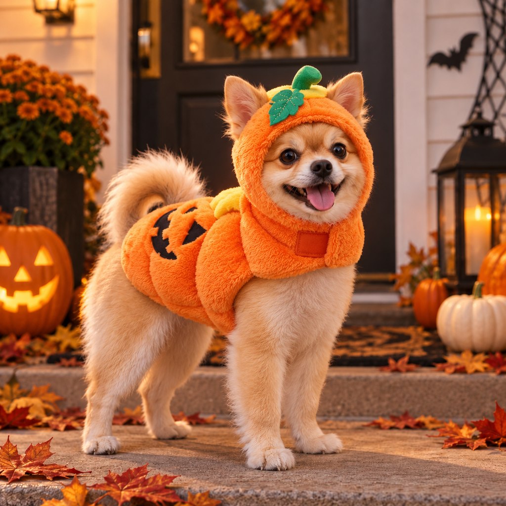 Ortekor 3D Pumpkin Dog Halloween Costume - Plush Jack-O'-Lantern Outfit for Parties, Trick-or-Treat & Photos with Easy Hook-and-Loop Fit