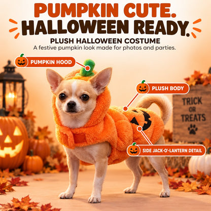 Ortekor 3D Pumpkin Dog Halloween Costume - Plush Jack-O'-Lantern Outfit for Parties, Trick-or-Treat & Photos with Easy Hook-and-Loop Fit