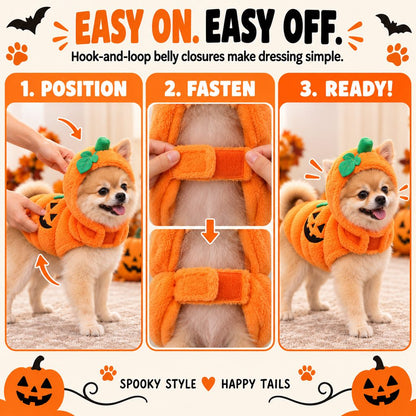 Ortekor 3D Pumpkin Dog Halloween Costume - Plush Jack-O'-Lantern Outfit for Parties, Trick-or-Treat & Photos with Easy Hook-and-Loop Fit