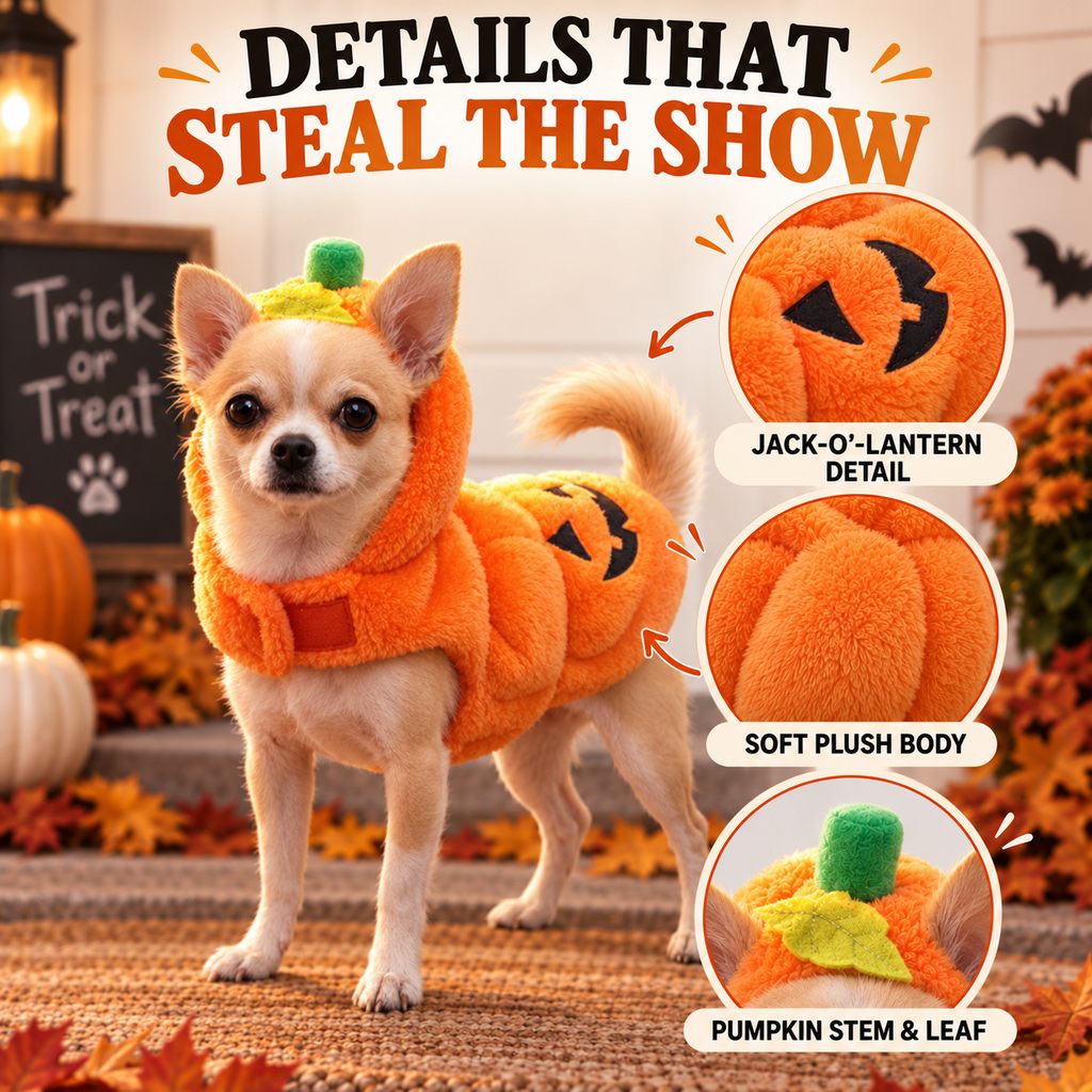 Ortekor 3D Pumpkin Dog Halloween Costume - Plush Jack-O'-Lantern Outfit for Parties, Trick-or-Treat & Photos with Easy Hook-and-Loop Fit