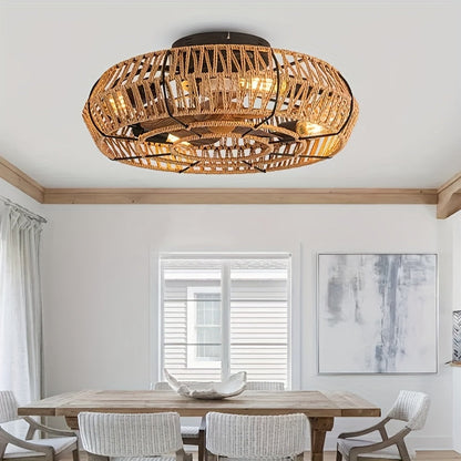 Handwoven Rattan Ceiling Fan with Integrated Light – Zen Style for Living Room, Bedroom & Dining Room