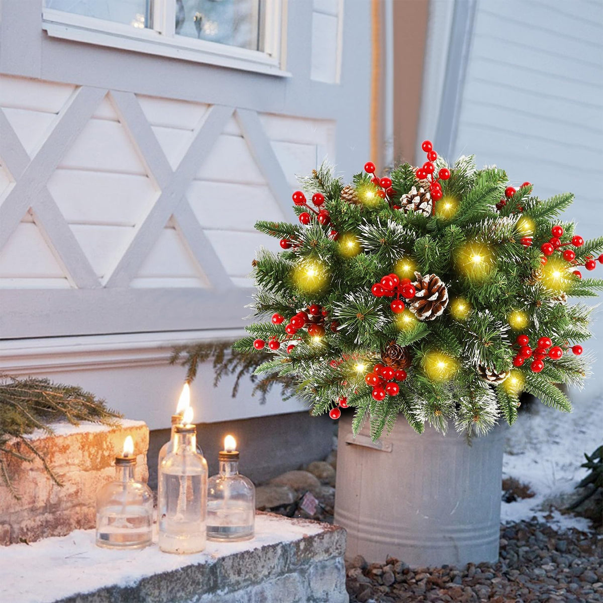 Illuminated Christmas Wreath with Stand for Planters & Holiday Display – 50 LED Lights & Timer