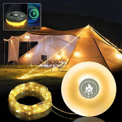 Rechargeable LED Camping Lantern with RGB String Lights and Power Bank Function for Outdoor Adventures