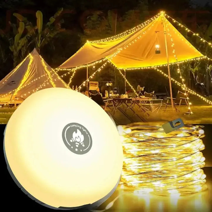 Rechargeable LED Camping Lantern with RGB String Lights and Power Bank Function for Outdoor Adventures