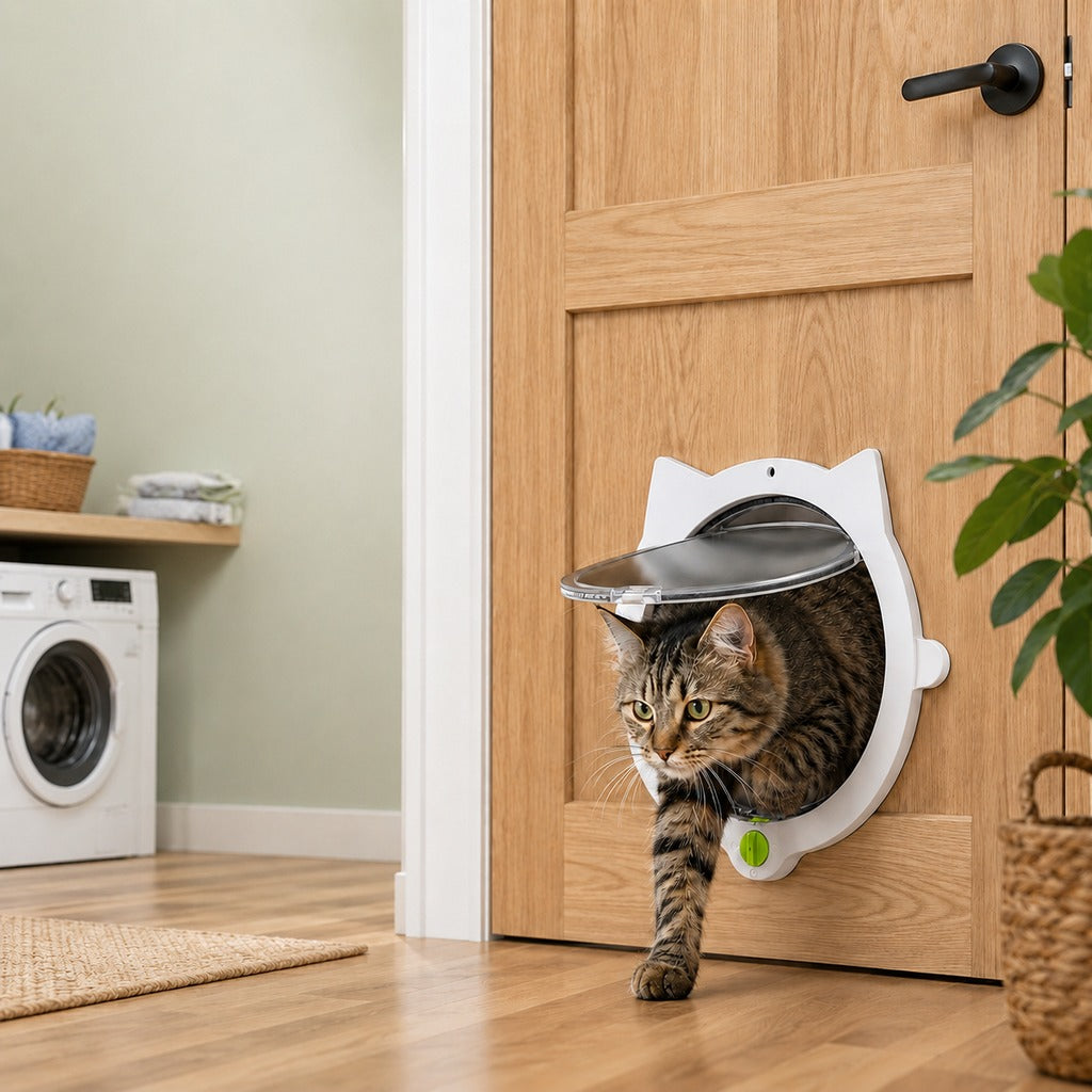 Ortekor 4-Way Locking Interior Cat Door for Litter Box Cabinets & Rooms - Private Access Without Door Scratching