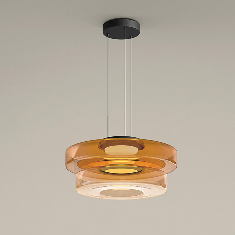 Tiered Glass Hanging Fixture 18 in Amber with Integrated LED for Island Kitchens Dining Areas Living Spaces Modern Minimalist Bauhaus-Inspir