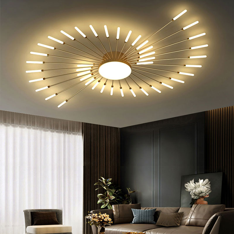 Linear Starburst Flush Mount Ceiling Light with LED Arrays for Living Room and Bedroom in Black or Gold Finish