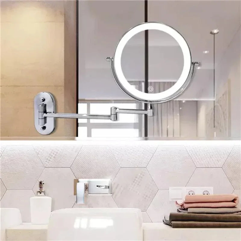 Lighted Makeup Mirror Wall Mount with Extendable Arm 8 in Chrome Magnifying Vanity Mirror for Bathroom Grooming Skincare Eyebrow Shaping Tou