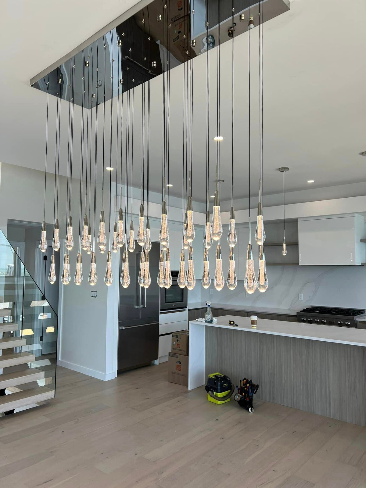 Cascading Raindrop Linear LED Chandelier – Textured Glass Orbs, Adjustable Height, Vaulted Ceiling Ready – 37 to 120 Inch Options for