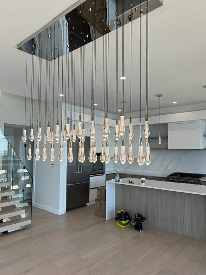 Cascading Raindrop Linear LED Chandelier – Textured Glass Orbs, Adjustable Height, Vaulted Ceiling Ready – 37 to 120 Inch Options for