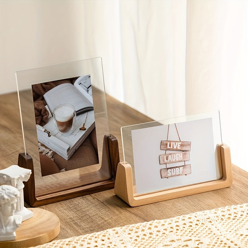 Clear Acrylic Photo Display Stand with Wood Base – Portrait or Landscape Picture Holder for Desk, Shelf, Bedroom Decor