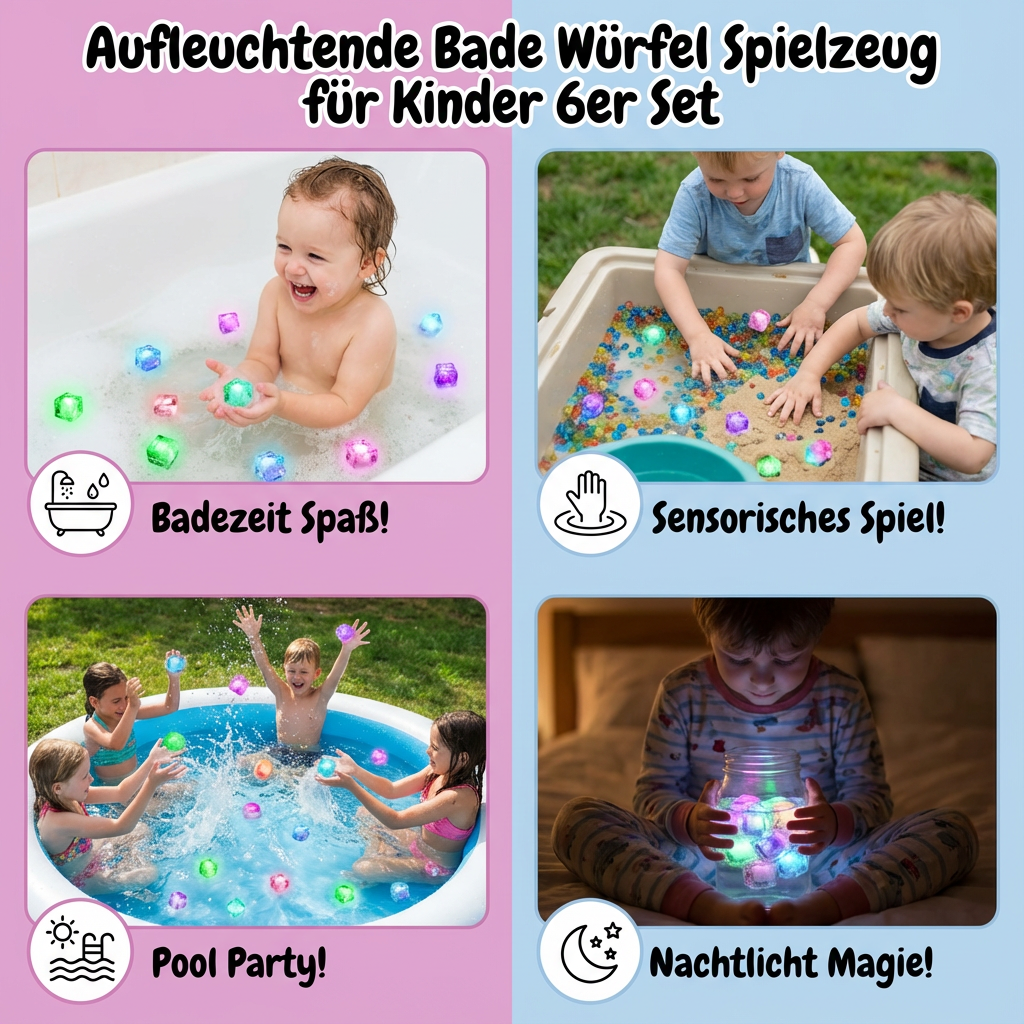 Light-Up Bath Cubes for Kids 6-Pack Waterproof LED Floating Toys Sensory Play Color-Changing Glow Cubes for Toddlers Bathtub Fun