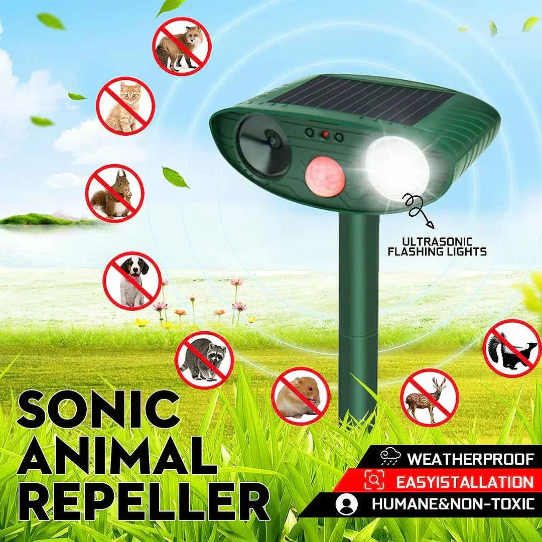 Solar Wildlife Deterrent Device Ultrasonic Outdoor Yard Defender 30 ft Range Motion-Activated Strobe Light Weatherproof for Gardens Lawns Fl