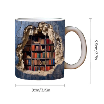 Ceramic Mug with 3D Bookshelf Wrap Design for Coffee Tea Hot Drinks Book Lovers Library Kitchen Microwave Dishwasher Safe Literary Gift