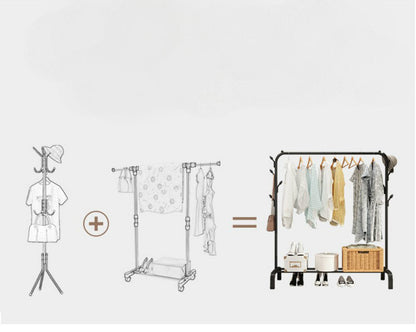 Steel Garment Rack with Shelves & Hooks for Entryway Organization 59 in H × 43 in W Freestanding Clothes Rail Multi-Level Storage for Jacket