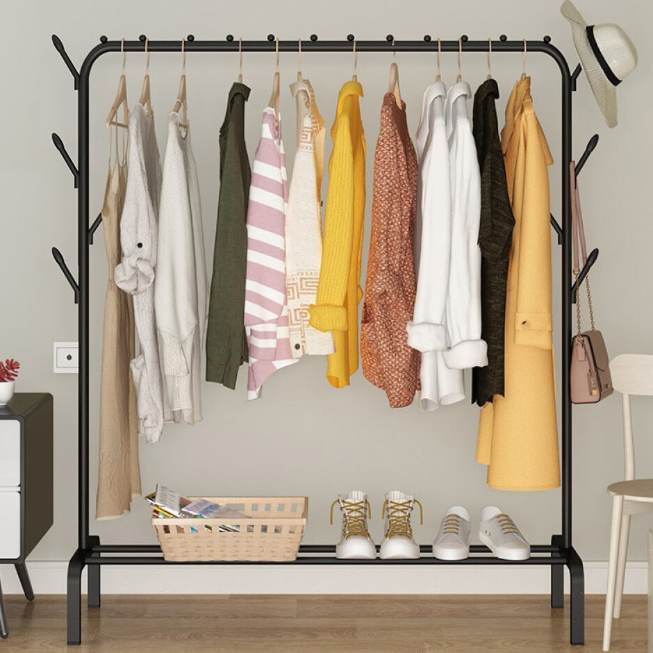 Steel Garment Rack with Shelves & Hooks for Entryway Organization 59 in H × 43 in W Freestanding Clothes Rail Multi-Level Storage for Jacket