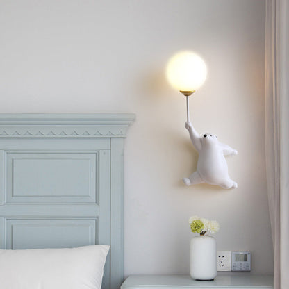 Bear with Balloon Wall Sconce Light for Kids Room Nursery Bedroom Playroom Resin Animal Design Accent Lighting White Blue Pink