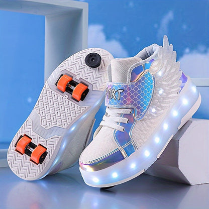 LED Light-Up Roller Skate Sneakers with Wings USB Rechargeable for Girls Kids Teens Boys Outdoor Sports Shoes Wheeled Footwear