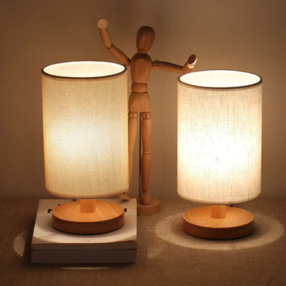 Natural Wood & Linen Table Lamp with Remote Control – Dimmable LED Touch Lamp for Bedroom, Nightstand, Desk – Minimalist Scandinavian