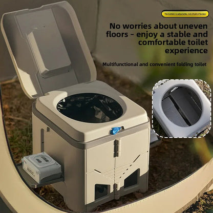 Collapsible Camp Toilet with Built-In Bag Dispenser – Portable Folding Seat for Camping, RV, Boat & Emergency Use – Adjustable Stabilizer