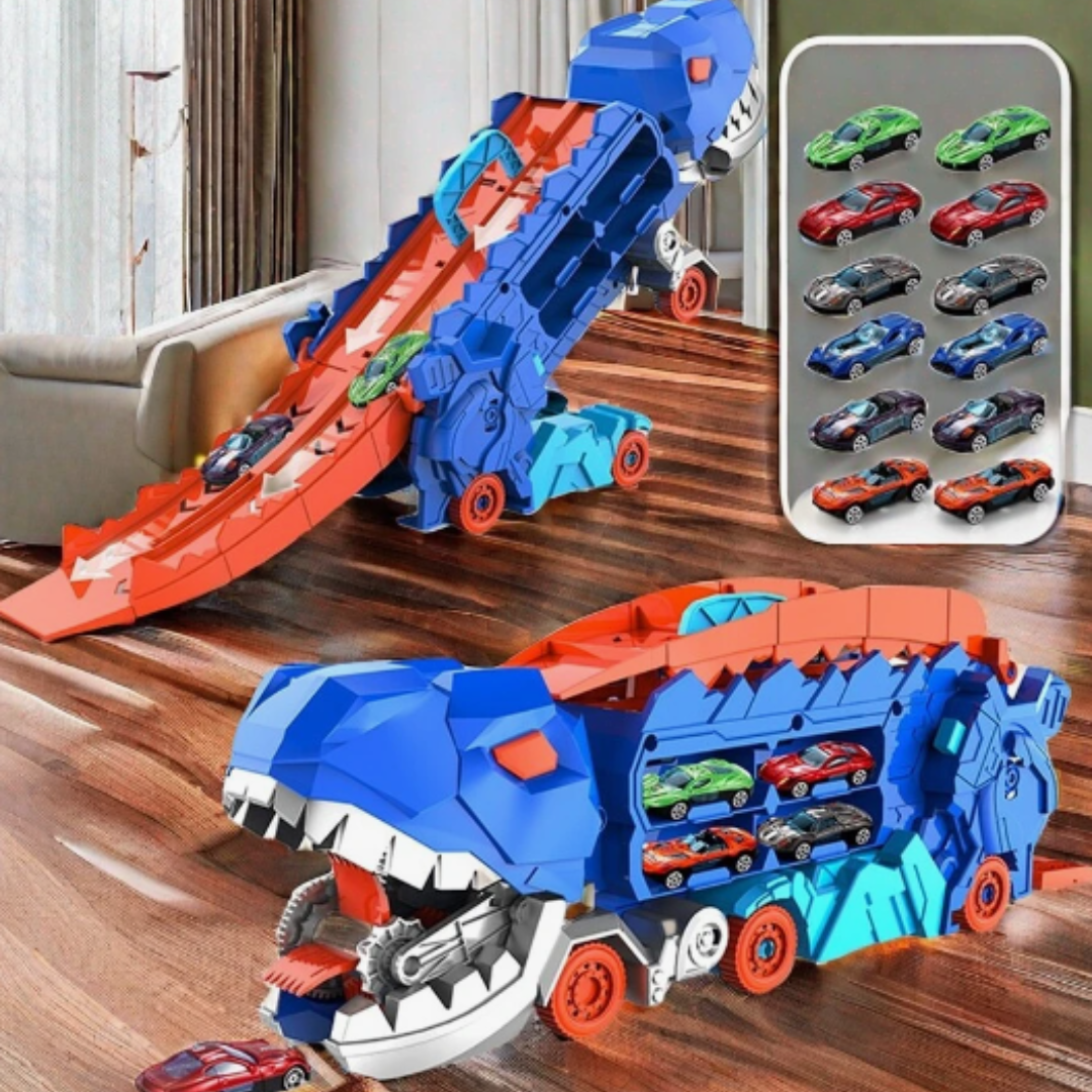 Camion transporteur de dinosaures avec circuit de course et petites voitures pour enfants - Transporteur T-Rex transformable 3-en-1 pour garçons et filles