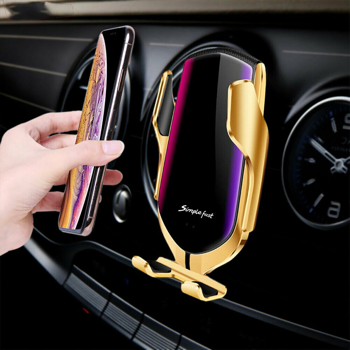 Support de téléphone à fixation automatique avec charge sans fil pour grille d'aération de voiture - capteur infrarouge, rotation à 360°, support à charge rapide Qi