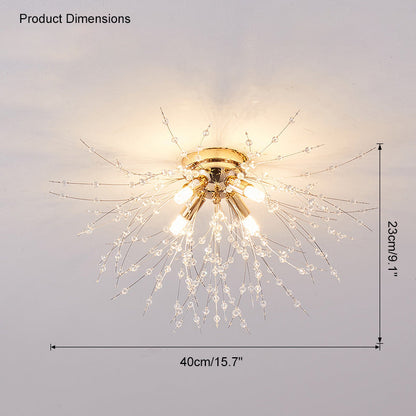 Plafonnier encastré au design pissenlit en cristal – Luminaire de 16 po doré et argenté pour chambre, couloir, salle de bain