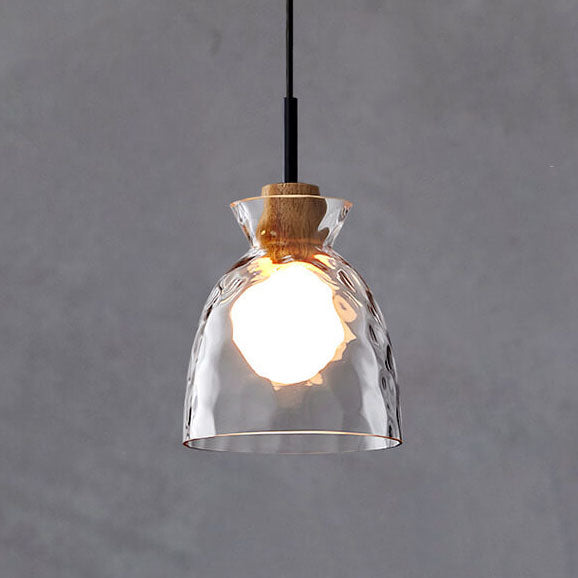 Hanging Ceiling Fixture Glass and Wood Shade Adjustable Cord E26 Socket for Bedroom Den Kitchen Dining Room Hallway