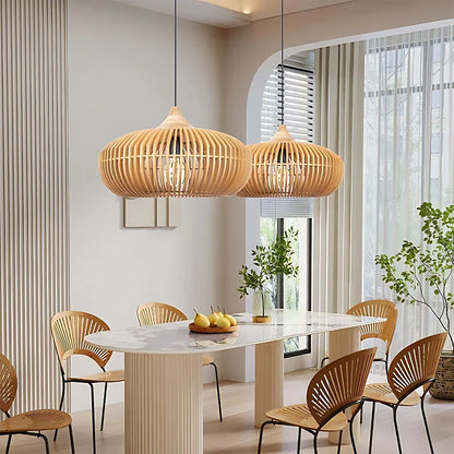 Suspension ronde en lattes de bois naturel, style Japandi, 17 pouces, luminaire d'ambiance pour table, îlot, salle à manger, cuisine ou salon
