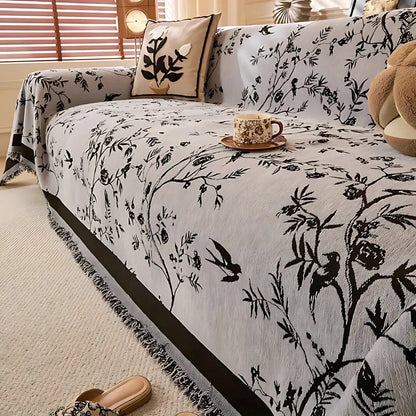 Plaid de canapé en chenille texturée à pompons – Housse de canapé en jacquard floral pour salon, résistante aux animaux et antidérapante