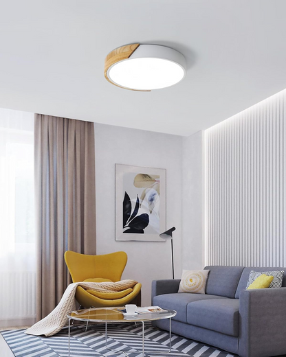 Round Flush Mount Ceiling Light with Wood Accent and Integrated LED – Modern Low Profile Fixture in 9, 12, 16, 20, and 24 inch Sizes for Liv
