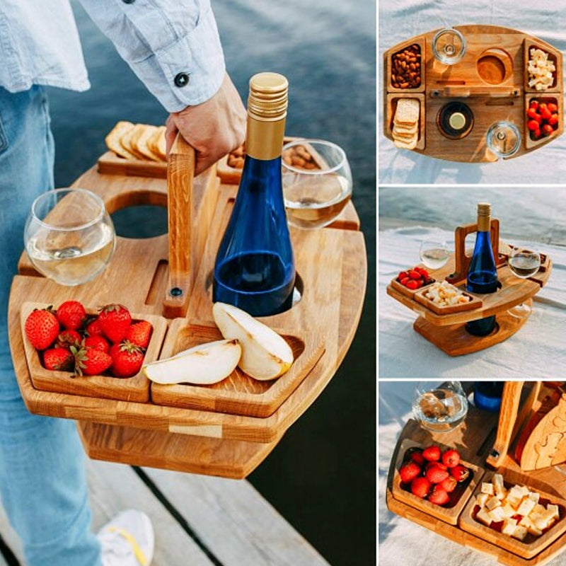 Portable Wooden Wine Table for Picnics – Holds Bottle, Glasses & Snacks for Outdoor Dining, Beach Trips, Garden Parties