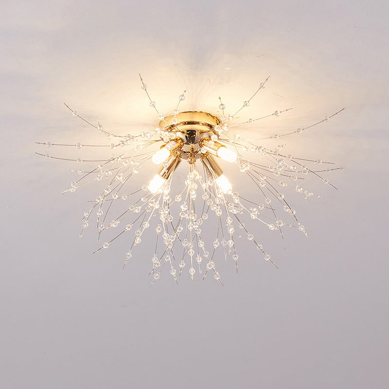 Plafonnier encastré au design pissenlit en cristal – Luminaire de 16 po doré et argenté pour chambre, couloir, salle de bain