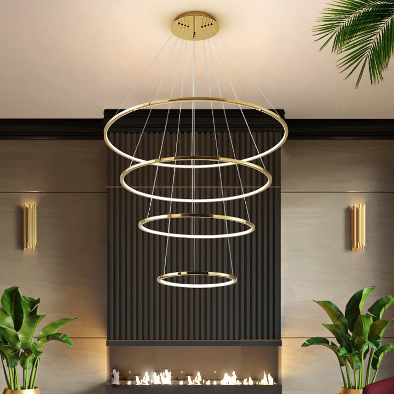 Lustre à anneaux LED en cascade à plusieurs niveaux pour grandes entrées et hauts escaliers – Éclairage décoratif moderne réglable en hauteur avec variateur à distance