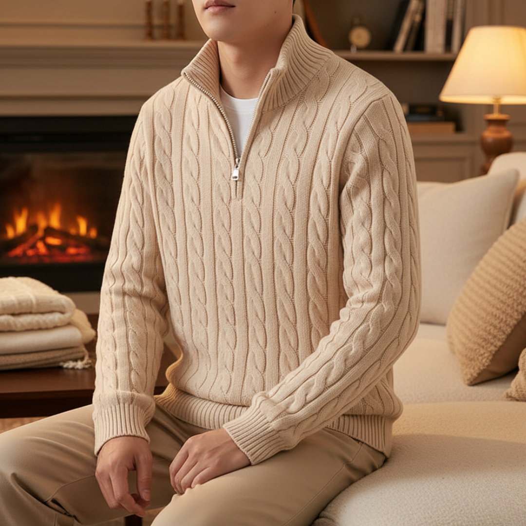 Cable-Knit Quarter-Zip Sweater for Men – 100% Cotton Stand-Collar Pullover for Fall & Winter
