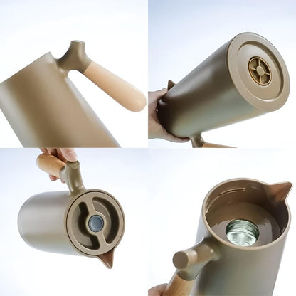 Insulated Beverage Carafe 34 oz Stainless Steel with Natural Wood Grip for Coffee Tea Water Hot Cold Drinks Kitchen Office Dining Room Deskt