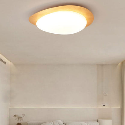 Oval Stone-Textured LED Ceiling Mount Light with Timber Finish for Bedrooms | Modern Hardwired Close-to-Ceiling Fixture for Living Rooms &