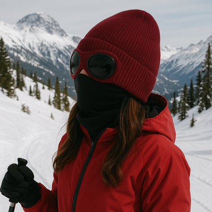 Knit Beanie with Flip-Down Goggles – Windproof Winter Hat for Outdoor Activities