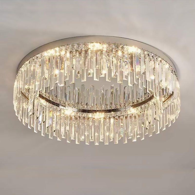 Flush Mount LED Chandelier with Crystal Accents – Chrome Stainless Steel Round Fixture for Bedroom, Dining Room, Kitchen & Hotel – Dimmable