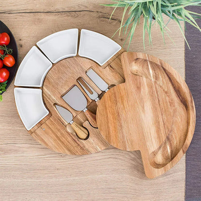 Round Wood Serving Tray with Bowls and Knives 13 Inch Appetizer Platter Set for Entertaining Charcuterie Display Board Natural Acacia Snack