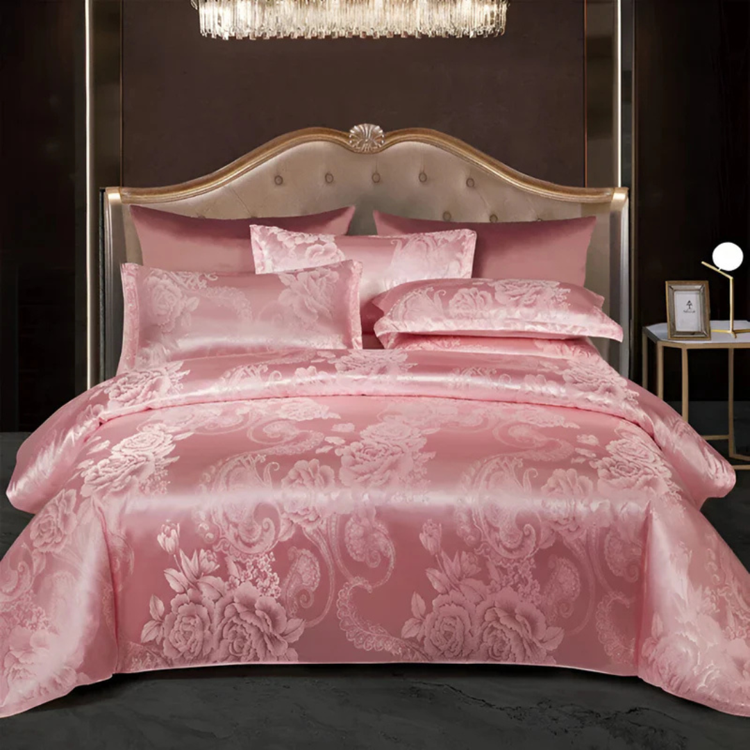 Floral Jacquard Duvet Cover Set Silky Satin Bedding 3-Piece with Pillowcases All Season Breathable Comforter Cover for Bedroom Décor
