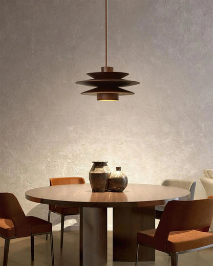 Layered Rubberwood Pendant Light Walnut Finish Ceiling Fixture Dining Room Living Room Ambient Lighting Modern Natural Wood Chandelier Warm