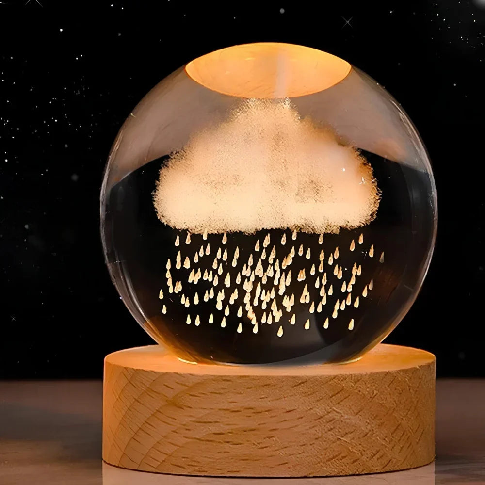 3D Engraved Crystal Planet Sphere Night Light on Wood Base USB Powered Desk Lamp Warm White LED Glow for Bedroom Living Room Nursery Space