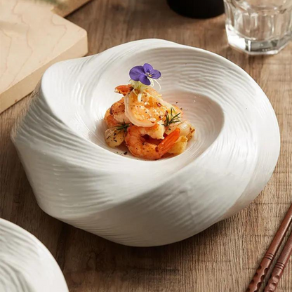 White Ceramic Dinnerware Bowl 10 Inch Spiral Textured Porcelain Dish for Salads Pasta Sides Family Dinners Parties Modern Table Décor