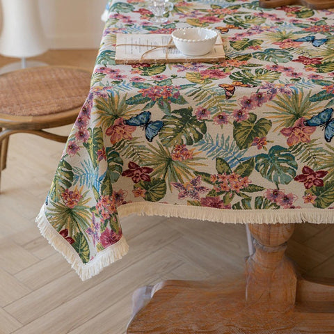 Opaline Tablecloth - Flowers and Butterflies, Linen Jacquard