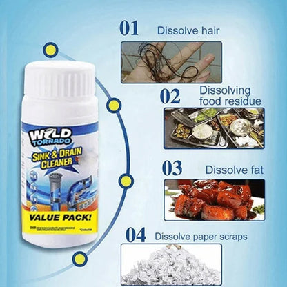 Foaming Pipe Unblocker Powder for Kitchen & Bathroom Drains – Enzyme Formula Dissolves Hair, Grease & Soap Scum, Safe for All Plumbing