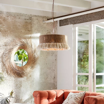 Woven Natural Fiber Ceiling Light Fixture with Tassel Detail for Dining Room, Bedroom & Living Room | Handcrafted Bohemian Style