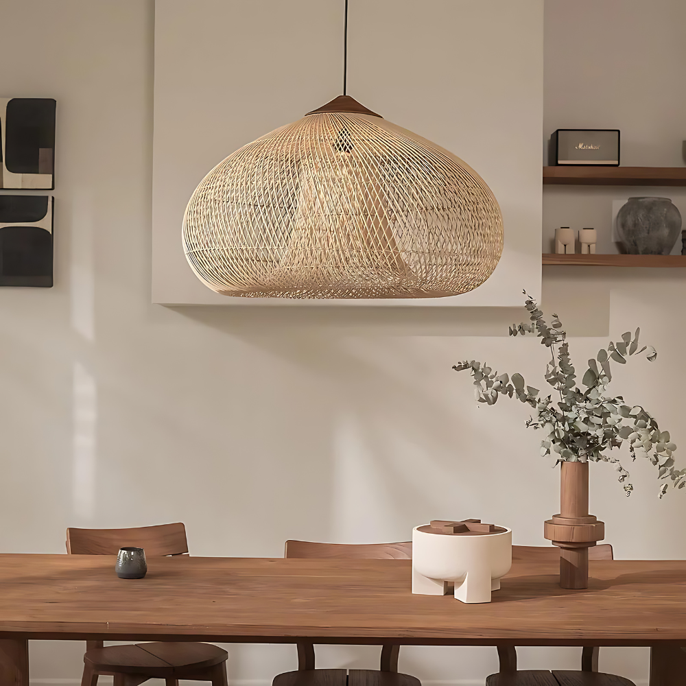 Woven Rattan Ceiling Light Fixture E26 Natural Boho Hanging Lamp for Dining Kitchen Island Bedroom Ambient Lighting Handcrafted Organic Text