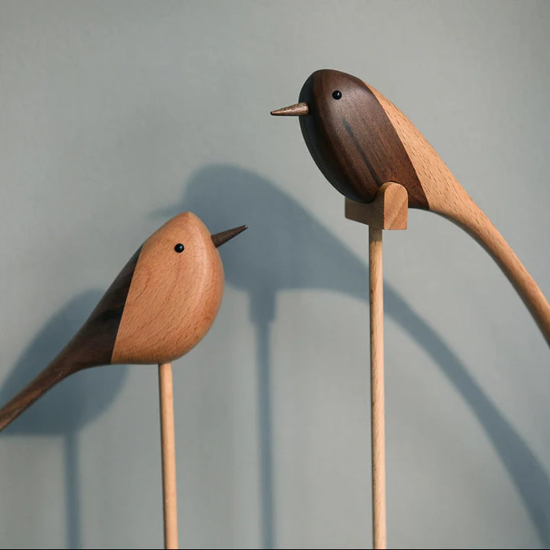 Handcrafted Wooden Bird Sculptures Set of 2 Decorative Figurines Modern Redwood Accent Pieces for Living Room Bedroom Office Mantel
