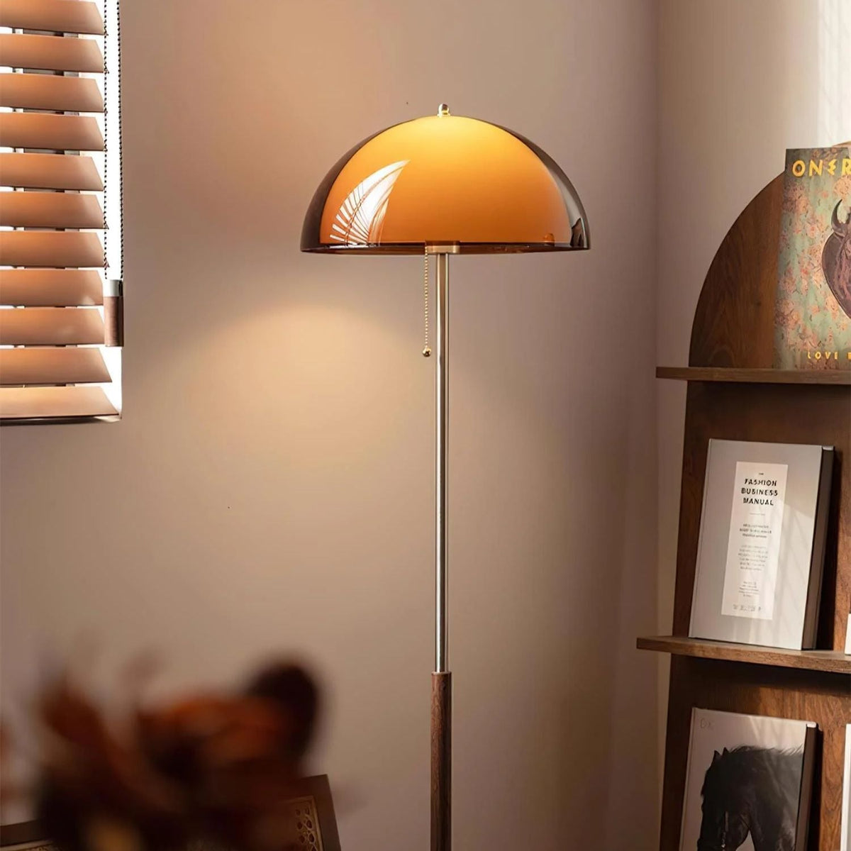 Tall Arched Standing Lamp with Translucent Dome Shade 63 Inches for Living Space Reading Corner Retro Mid-Century Accent Lighting Walnut Woo